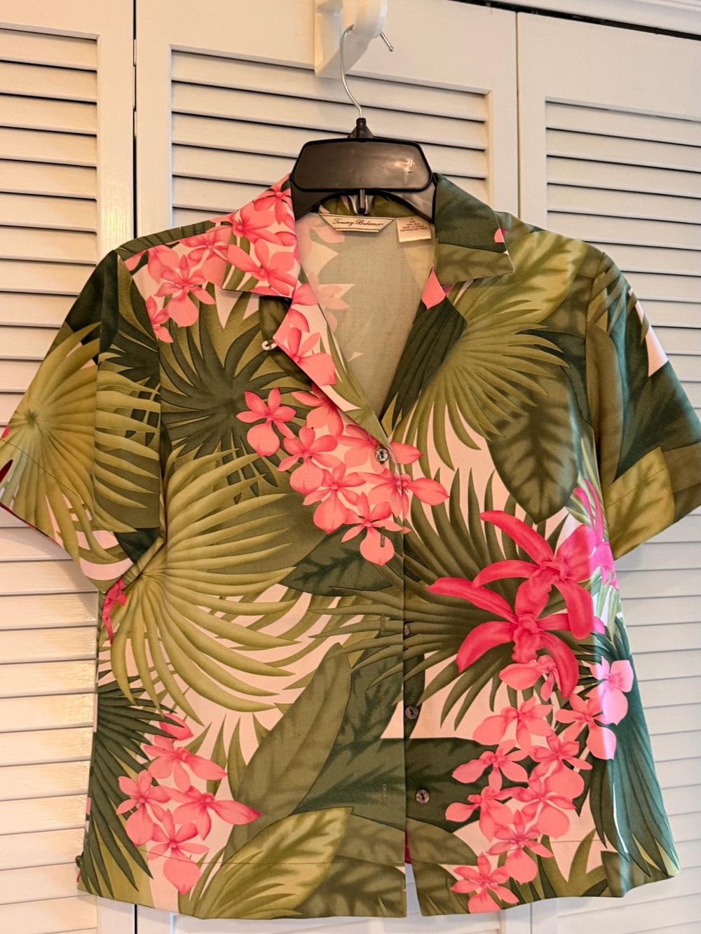 Tommy Bahama Pink and Green Tropical Floral Hawaiian Shirt